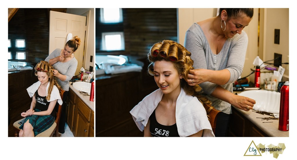 bride getting hair done