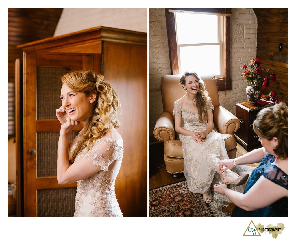 bride putting shoes on