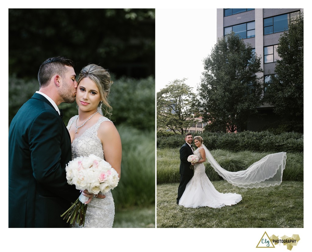 bride and groom in downtown pittsburgh