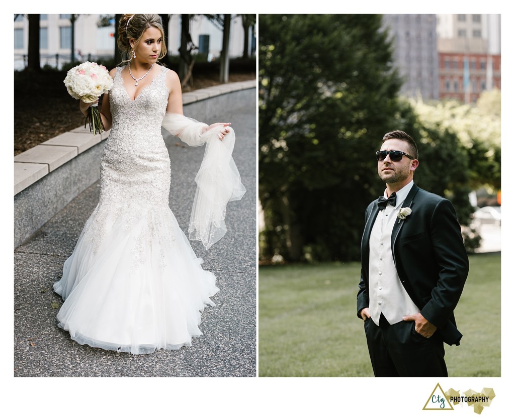 bride and groom in downtown pittsburgh