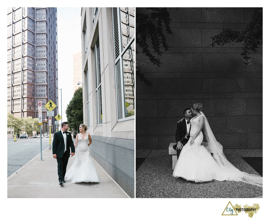 bride and groom in downtown pittsburgh