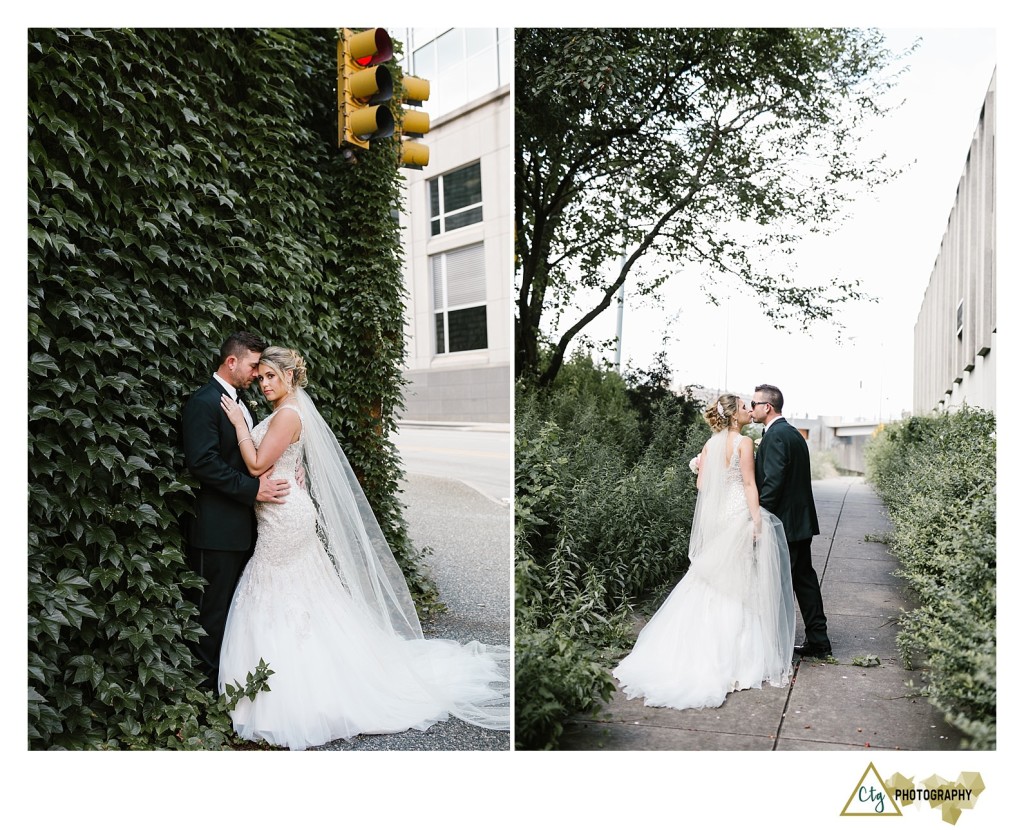 bride and groom in downtown pittsburgh