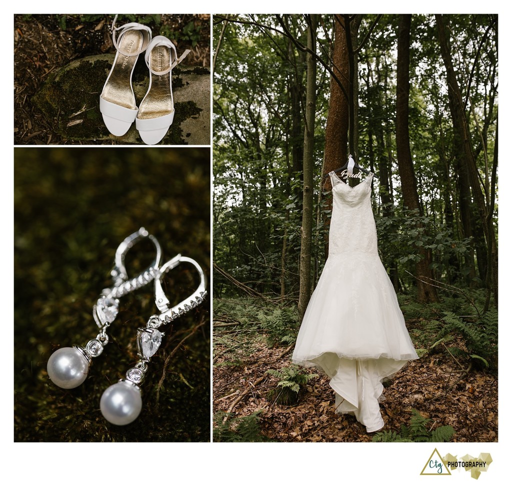 wedding dress haning in woods