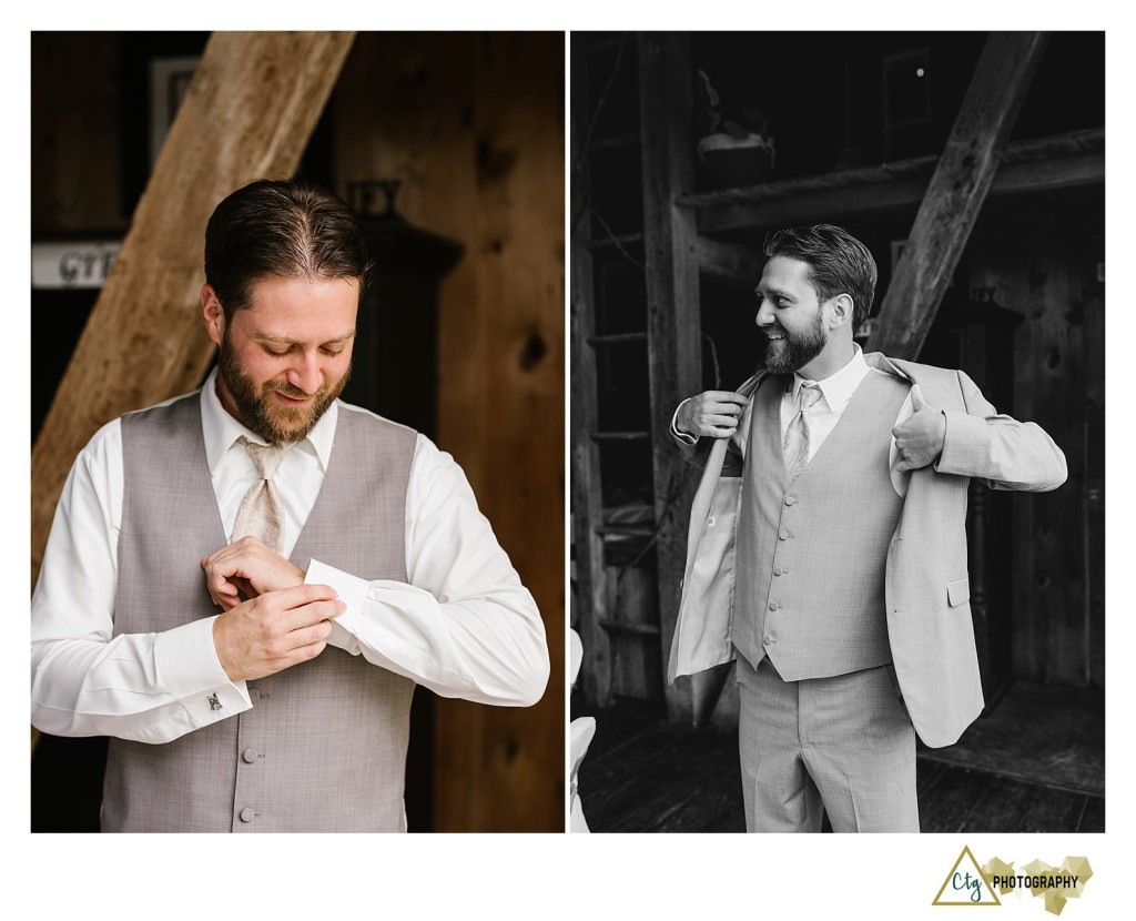 groom putting jacket on