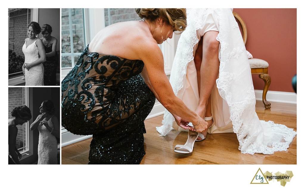 bride putting shoes on