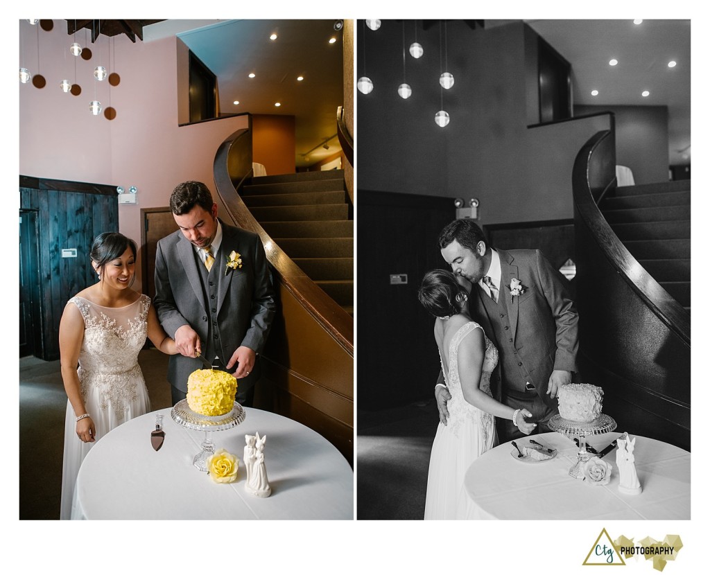 bride and groom cutting cake