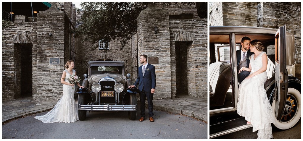 bride and groom with vintage car
