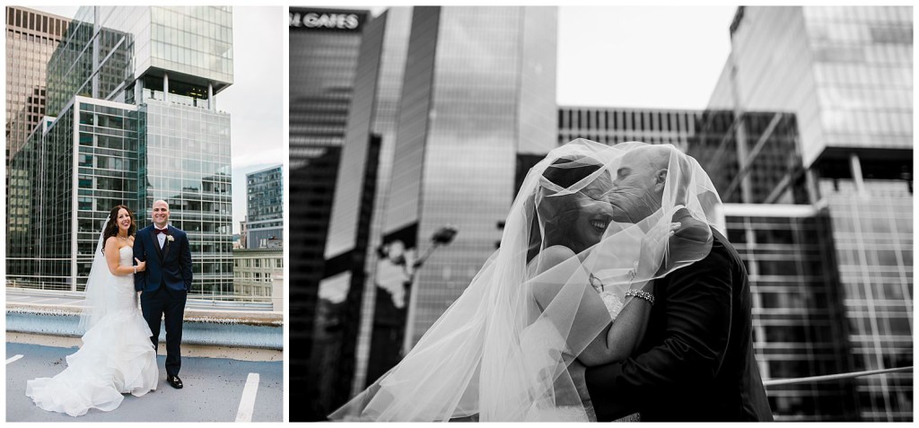 bride and groom under veil