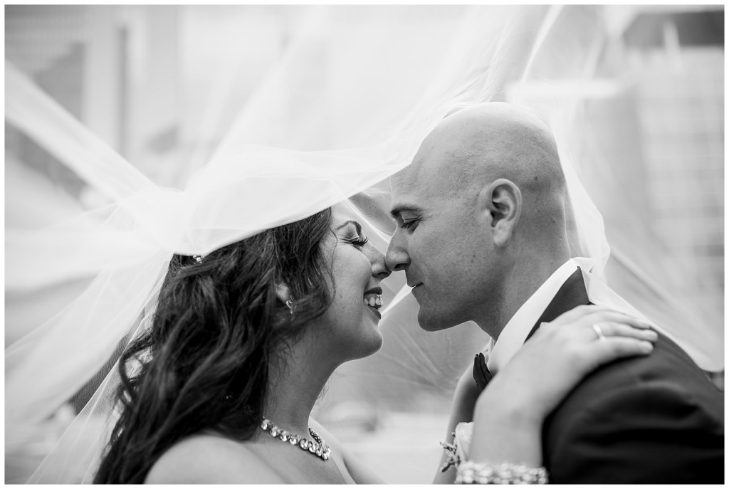 bride and groom under veil