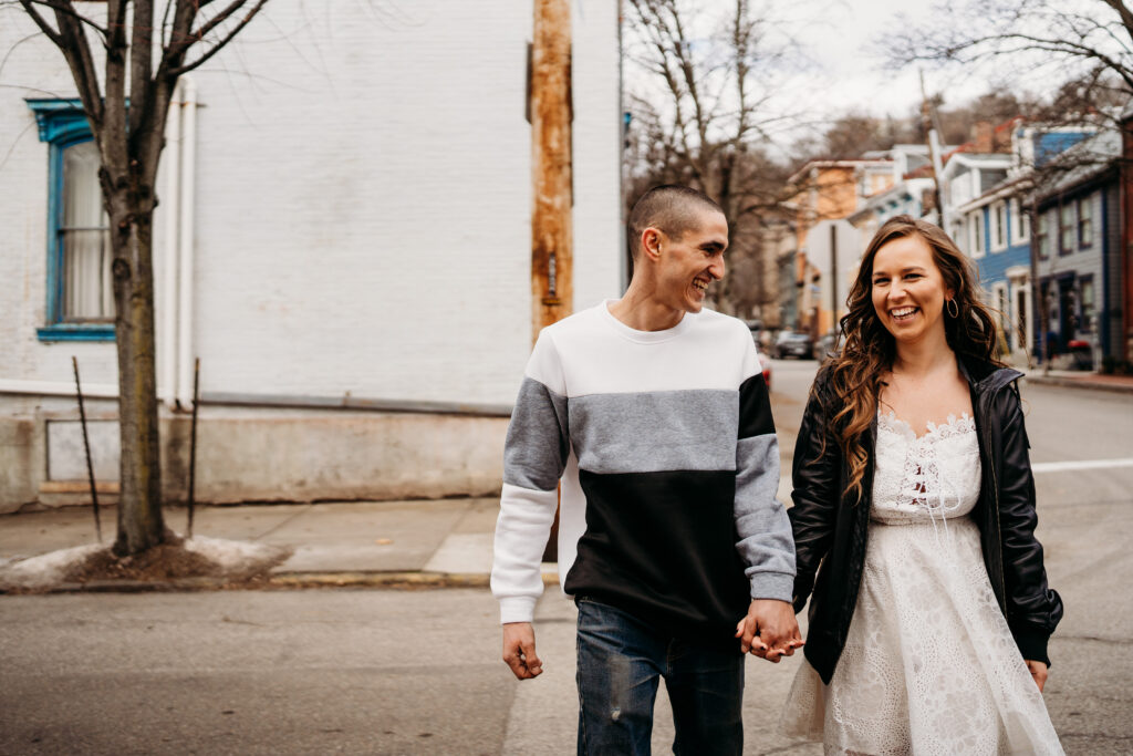 engagement photos walking across the street